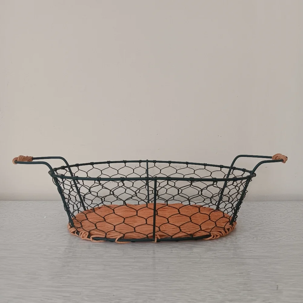 Oval Woven Wicker & Metal Wire Mesh Basket with Side Handles